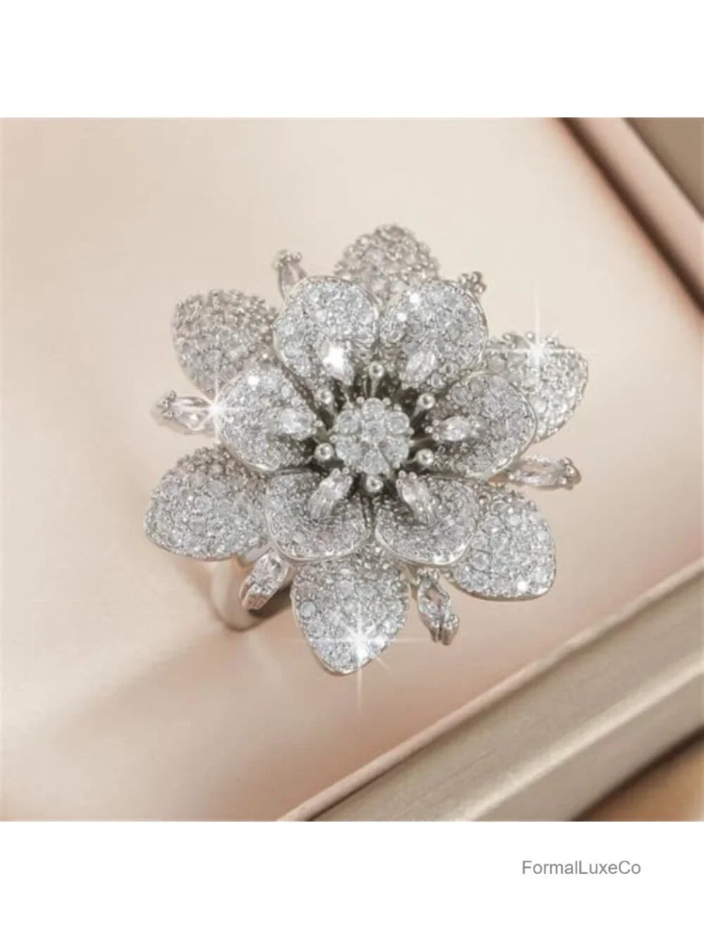 Double Layered Rhinestone Flower Ring Cubic Zirconia Wrap Finger Band